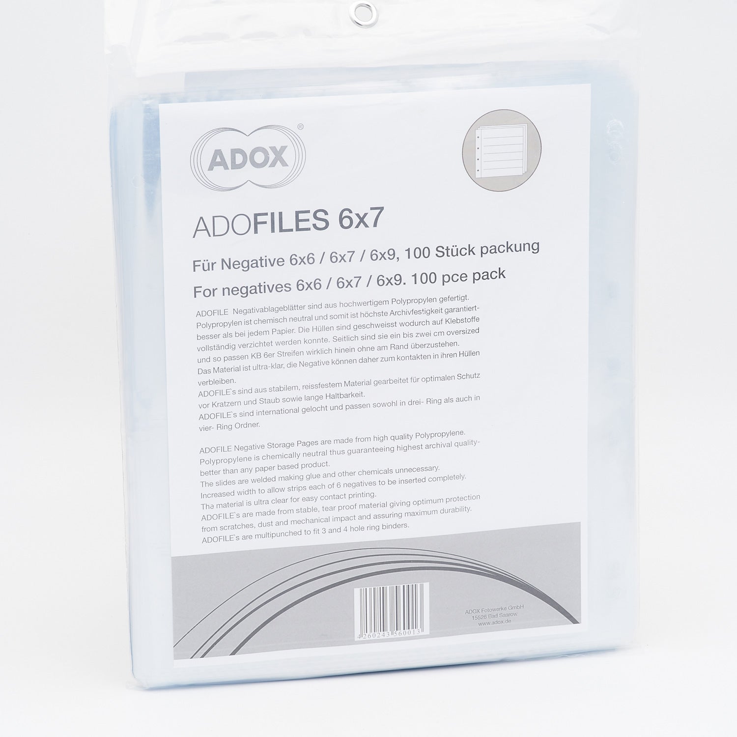 ADOX ADOFILE: Polypropylenhüllen Mittelformat 6x6/6x7/6x9 Übergroß 100 Blatt